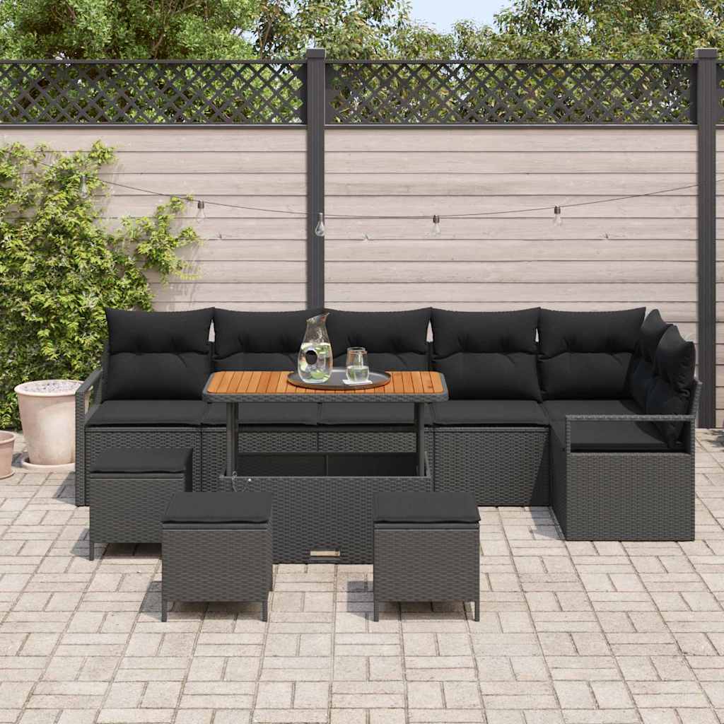 10-teilige Garten Sofa Set mit Kissen Schwarz Poly Rattan Akazie