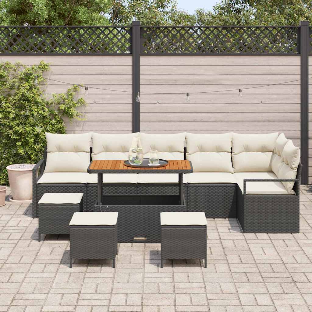 10-teilige Garten Sofagarnitur mit Kissen Schwarz Poly Rattan Akazie