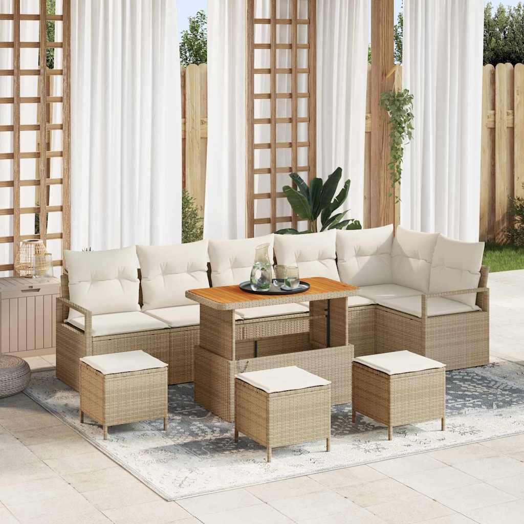 10-teiliges Garten Sofa Set mit Kissen Beige Poly Rattan Akazie
