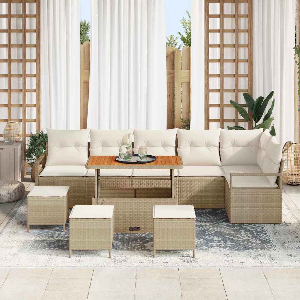 10-teiliges Garten Sofa Set mit Kissen Beige Poly Rattan Akazie