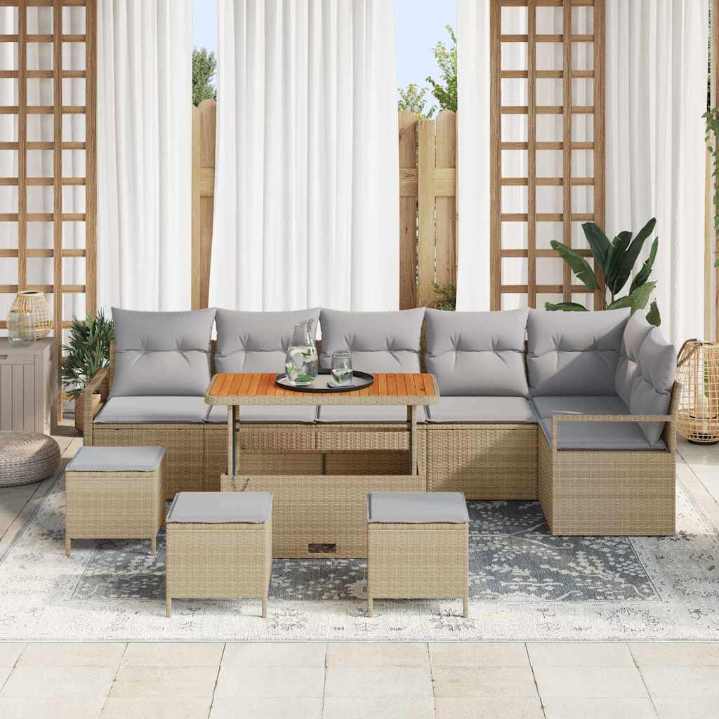 10-teiliges Garten Sofa Set mit Kissen Beige Poly Rattan Akazie