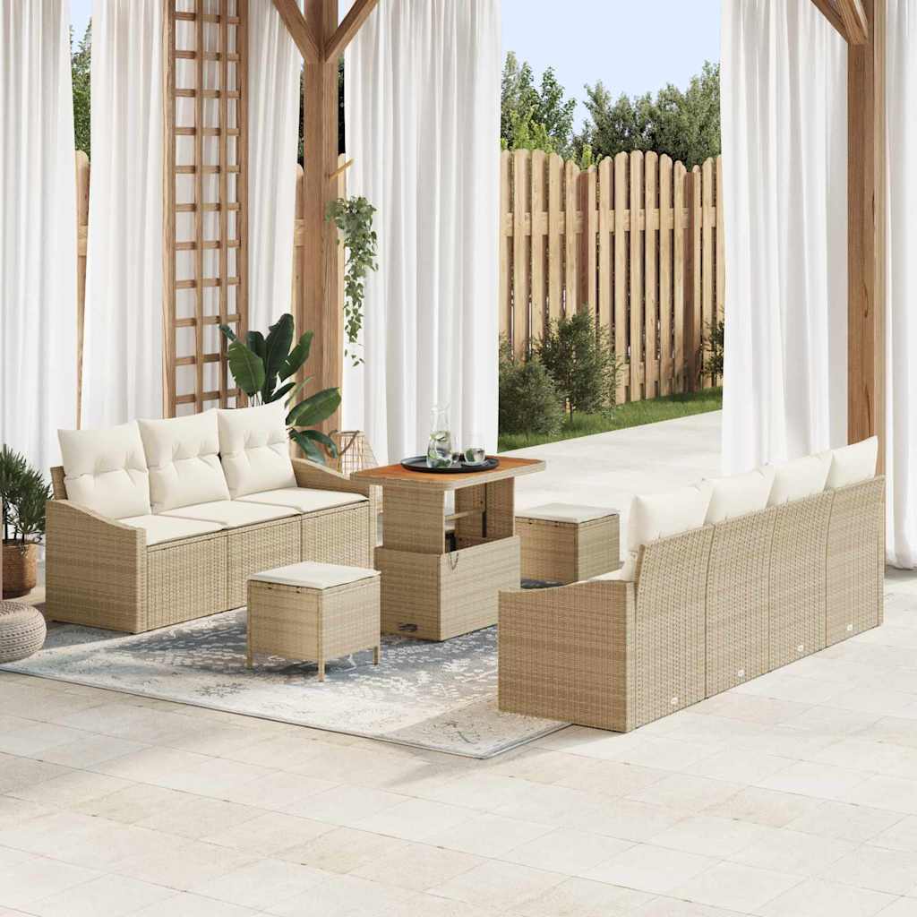 10-teiliges Garten Sofa Set mit Kissen Beige Poly Rattan Akazie