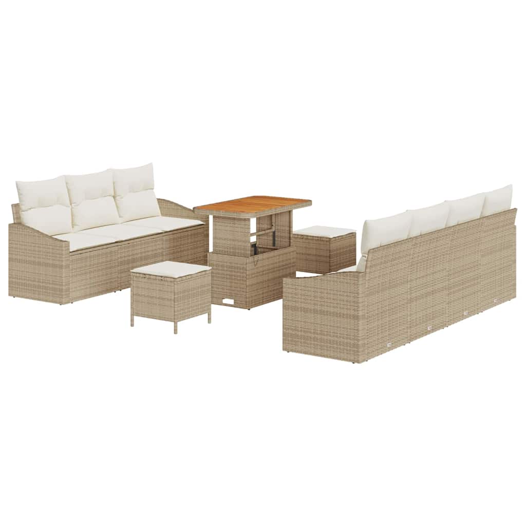 10-teiliges Garten Sofa Set mit Kissen Beige Poly Rattan Akazie