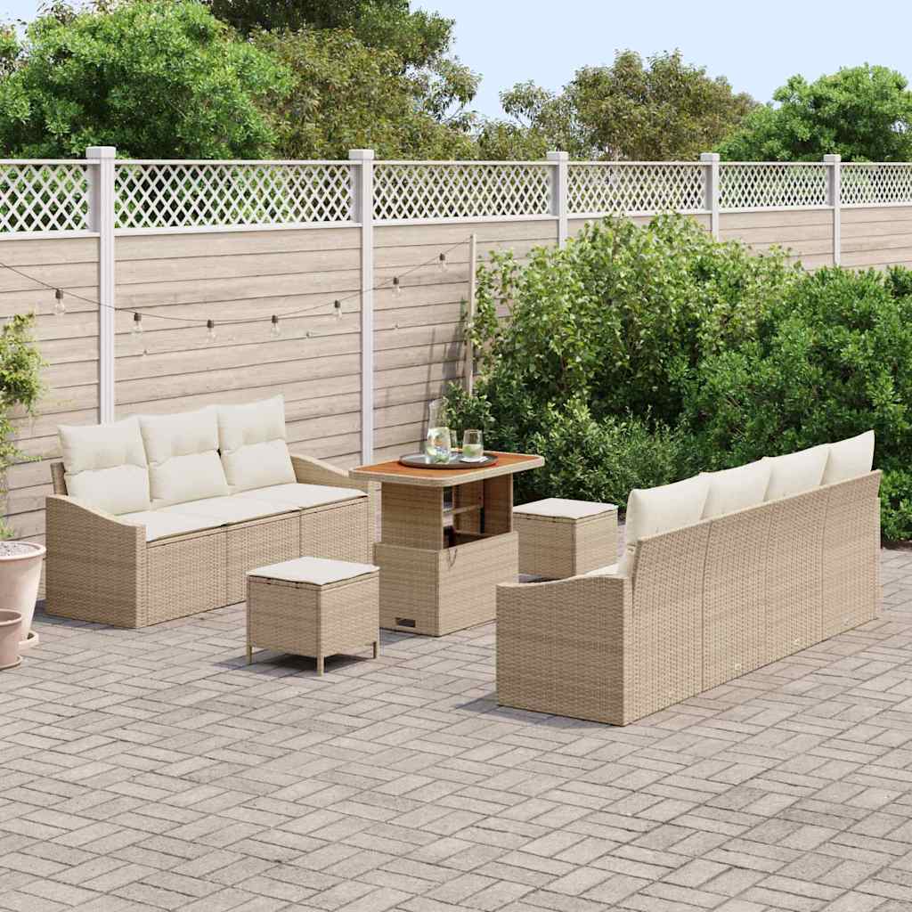 10-teiliges Garten Sofa Set mit Kissen Beige Poly Rattan Akazie