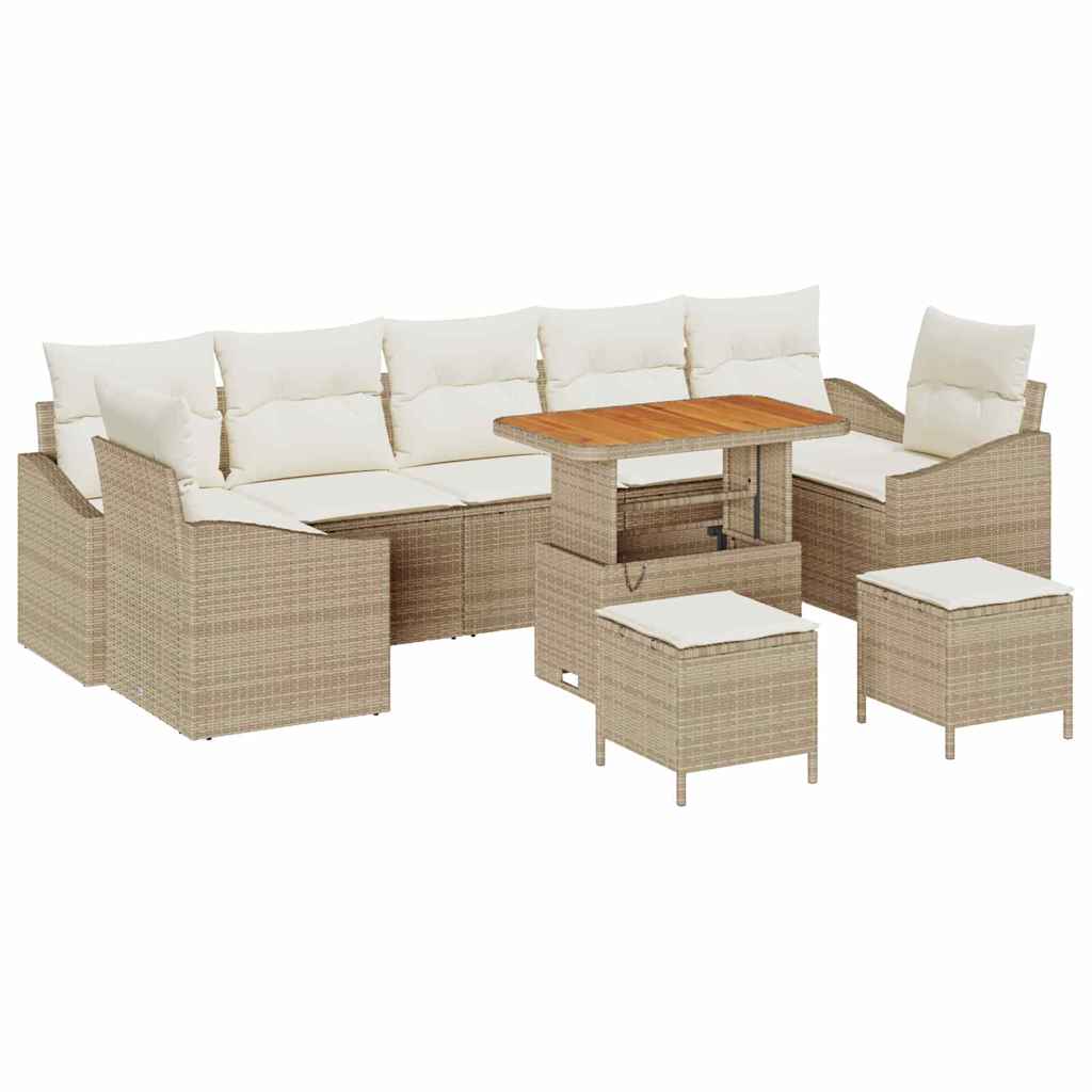 10-teiliges Garten Sofa Set mit Kissen Beige Poly Rattan Akazie