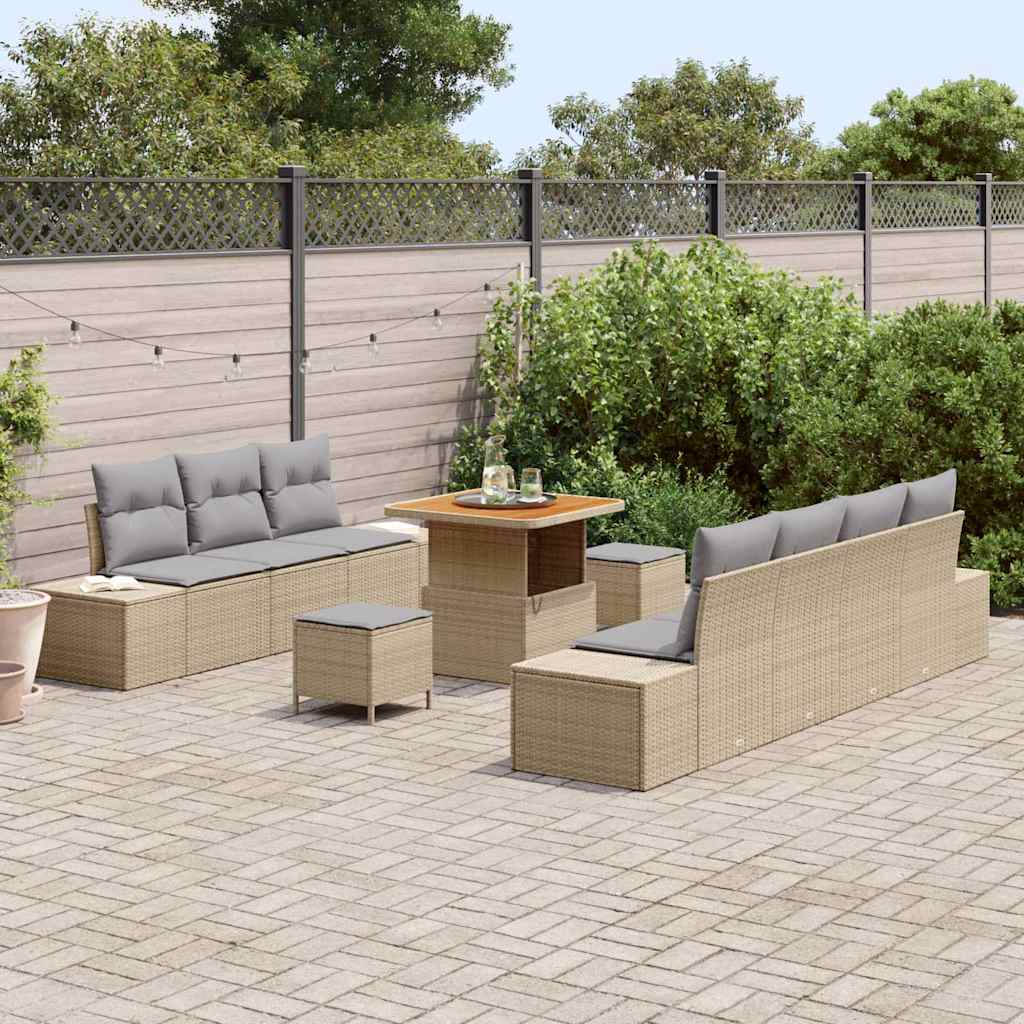 10-teiliges Garten Sofa Set mit Kissen Beige Poly Rattan Akazie