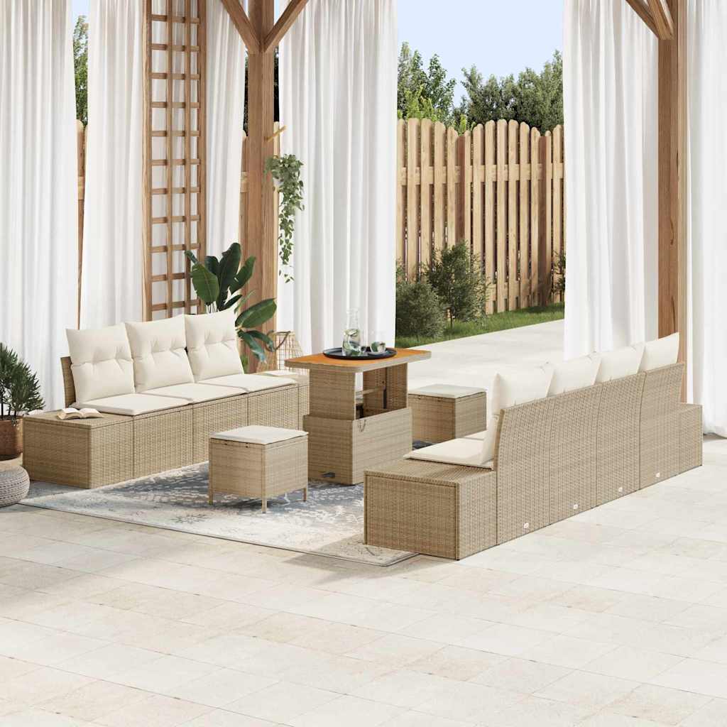10-teiliges Garten Sofa Set mit Kissen Beige Poly Rattan