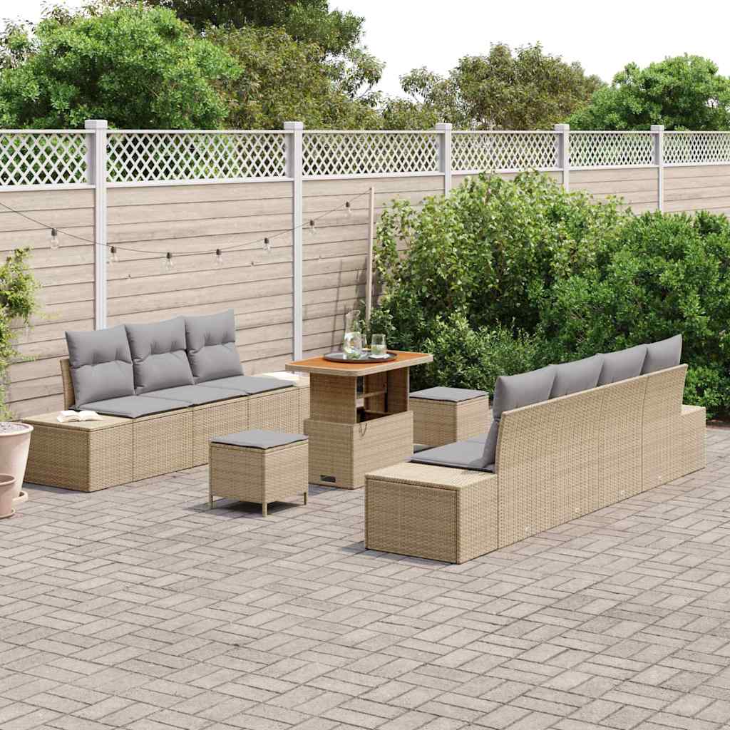 10-teiliges Garten Sofa Set mit Kissen Beige Poly Rattan Akazie