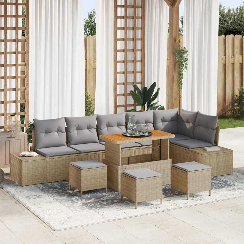 10-Teiliges Garten Sofa Set mit Kissen Beige Poly Rattan Akazie