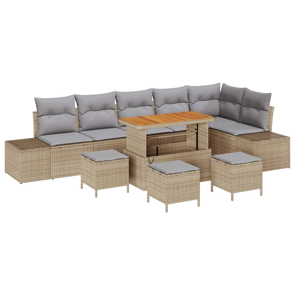 10-Teiliges Garten Sofa Set mit Kissen Beige Poly Rattan Akazie