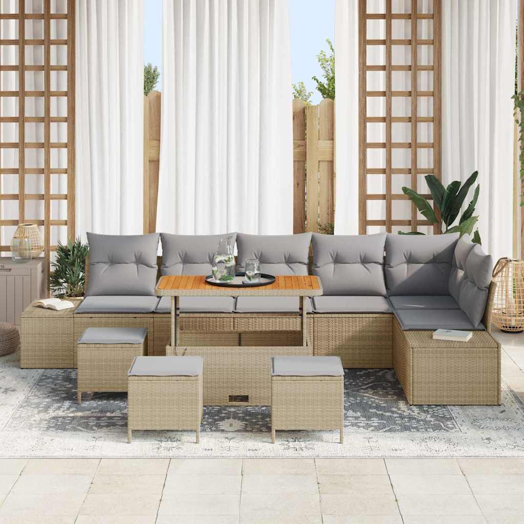 10-Teiliges Garten Sofa Set mit Kissen Beige Poly Rattan Akazie