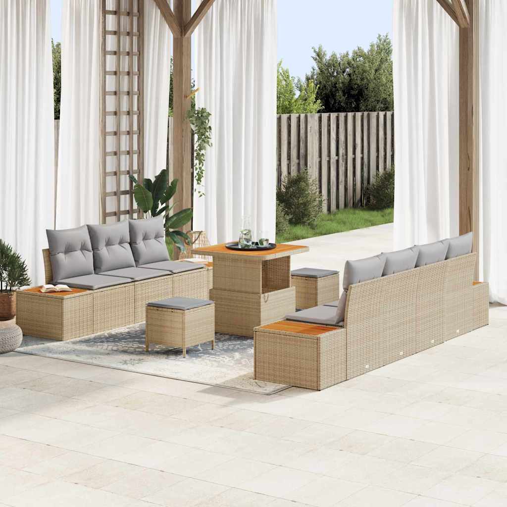 10-teiliges Garten Sofa Set mit Kissen Beige Poly Rattan Akazie
