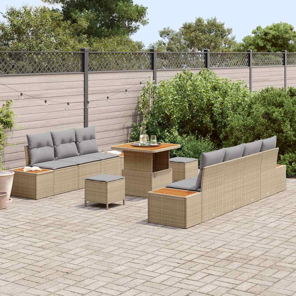10-teiliges Garten Sofa Set mit Kissen Beige Poly Rattan Akazie