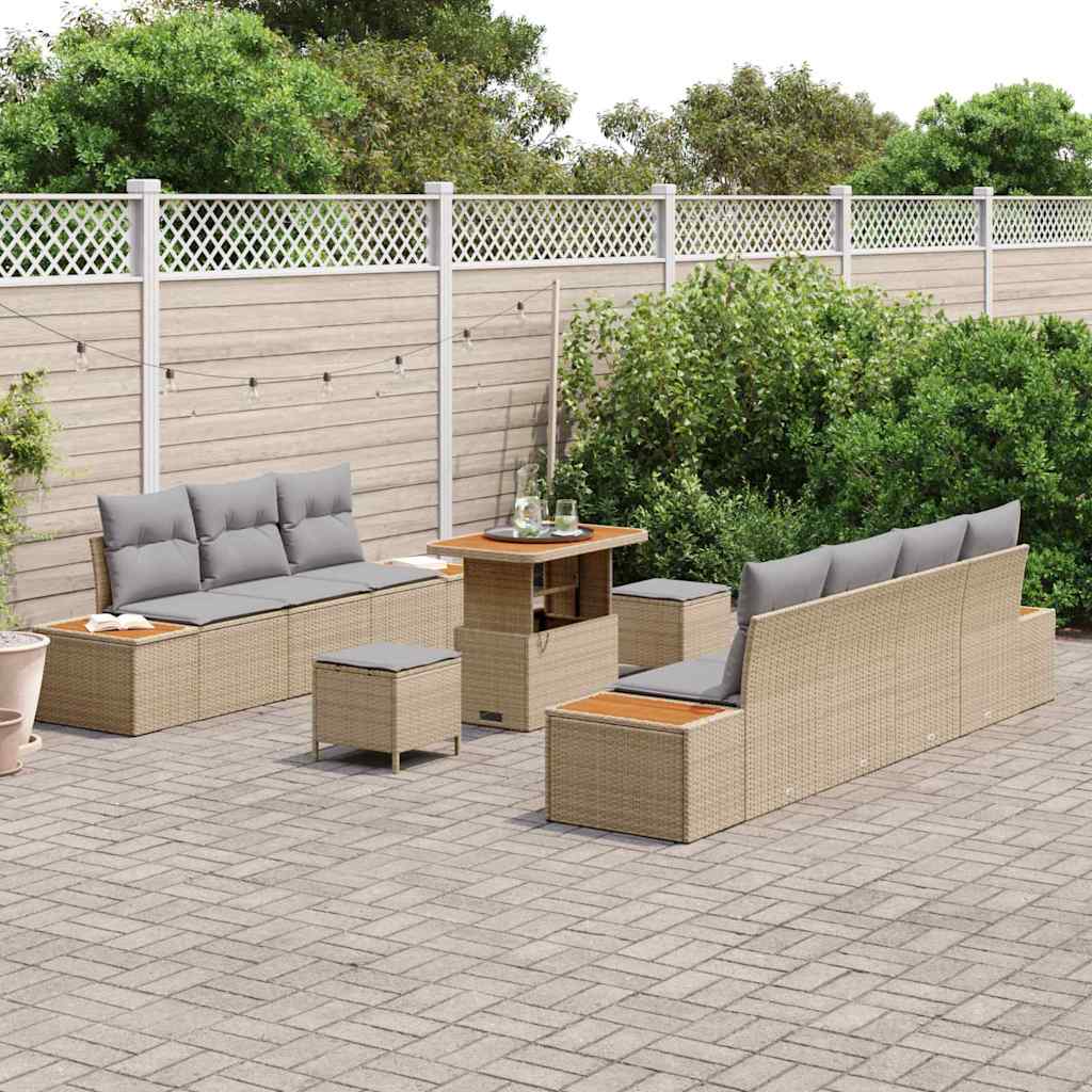 10-teiliges Garten Sofa Set mit Kissen Beige Poly Rattan Akazie