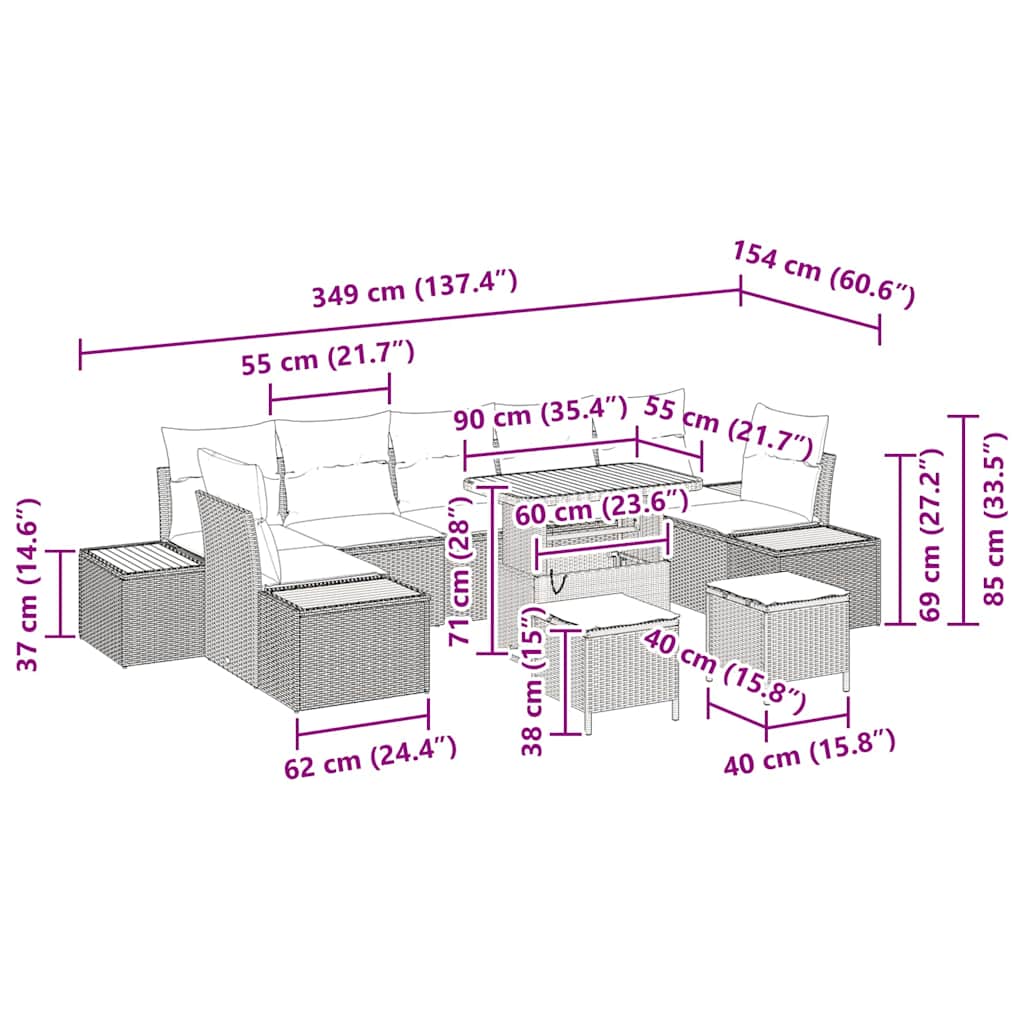10-teiliges Garten Sofa Set mit Kissen Beige Poly Rattan Akazie