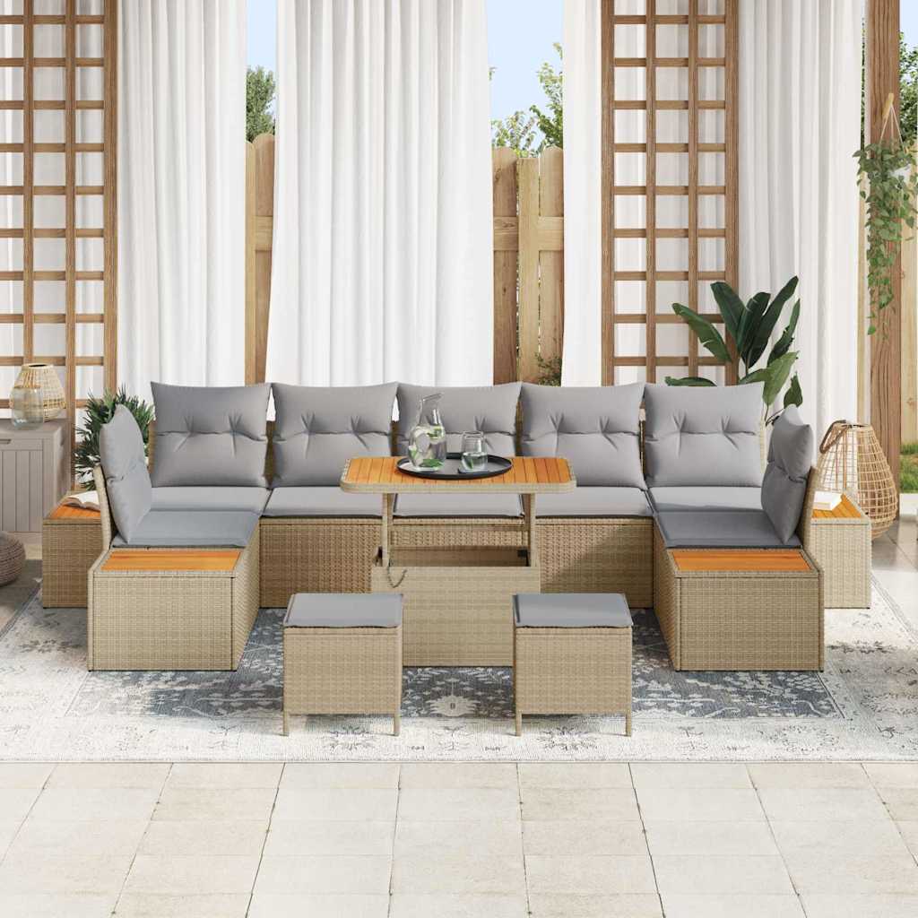 10-teiliges Garten Sofa Set mit Kissen Beige Poly Rattan Akazie