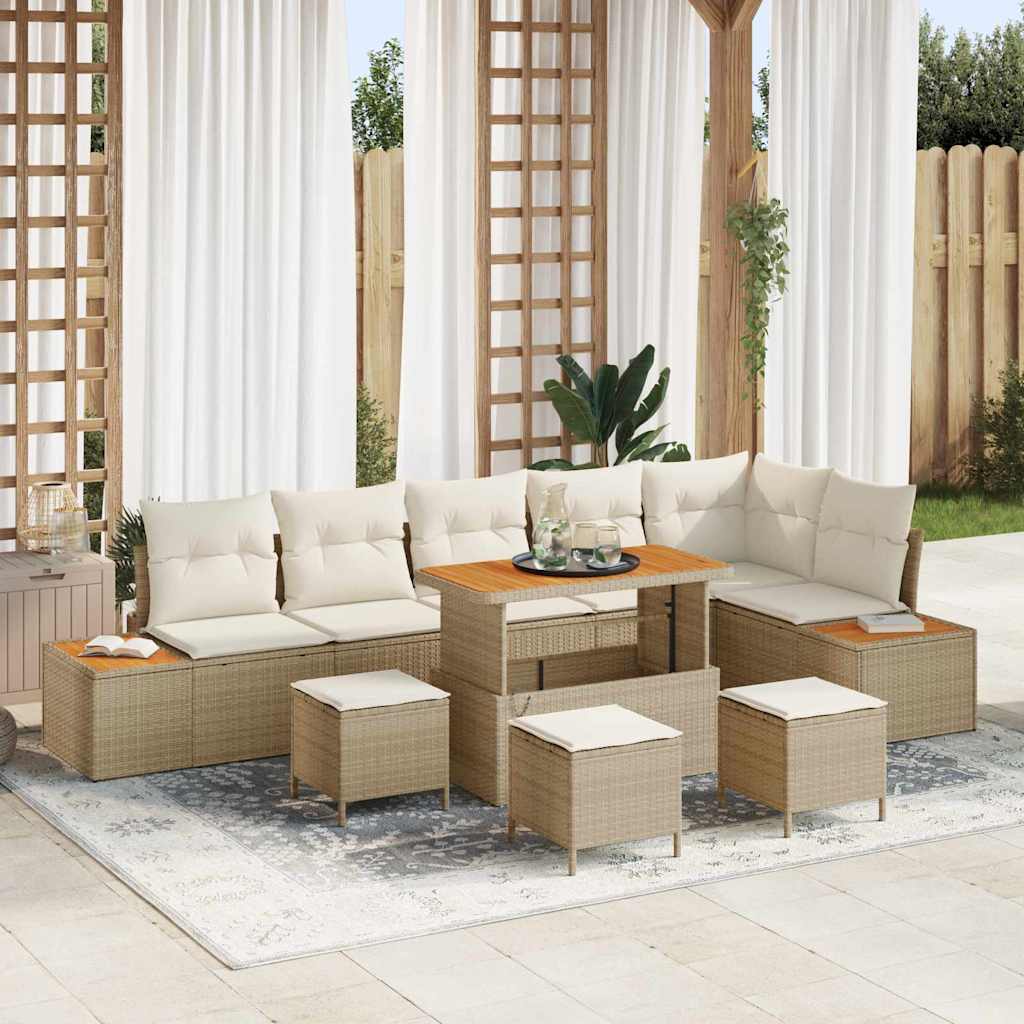 10-teiliges Garten Sofa Set mit Kissen Beige Poly Rattan Akazie