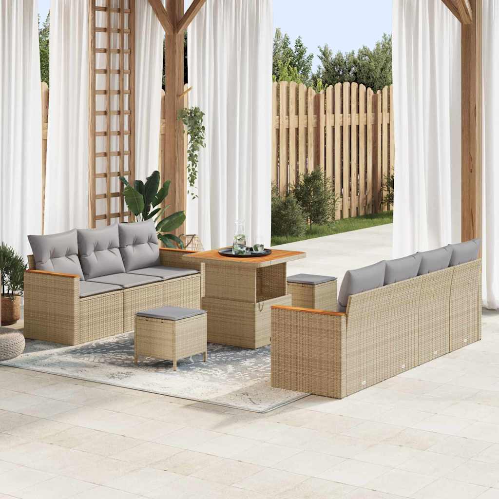 10-teilige Garten Sofagarnitur mit Kissen Beige Poly Rattan Akazie