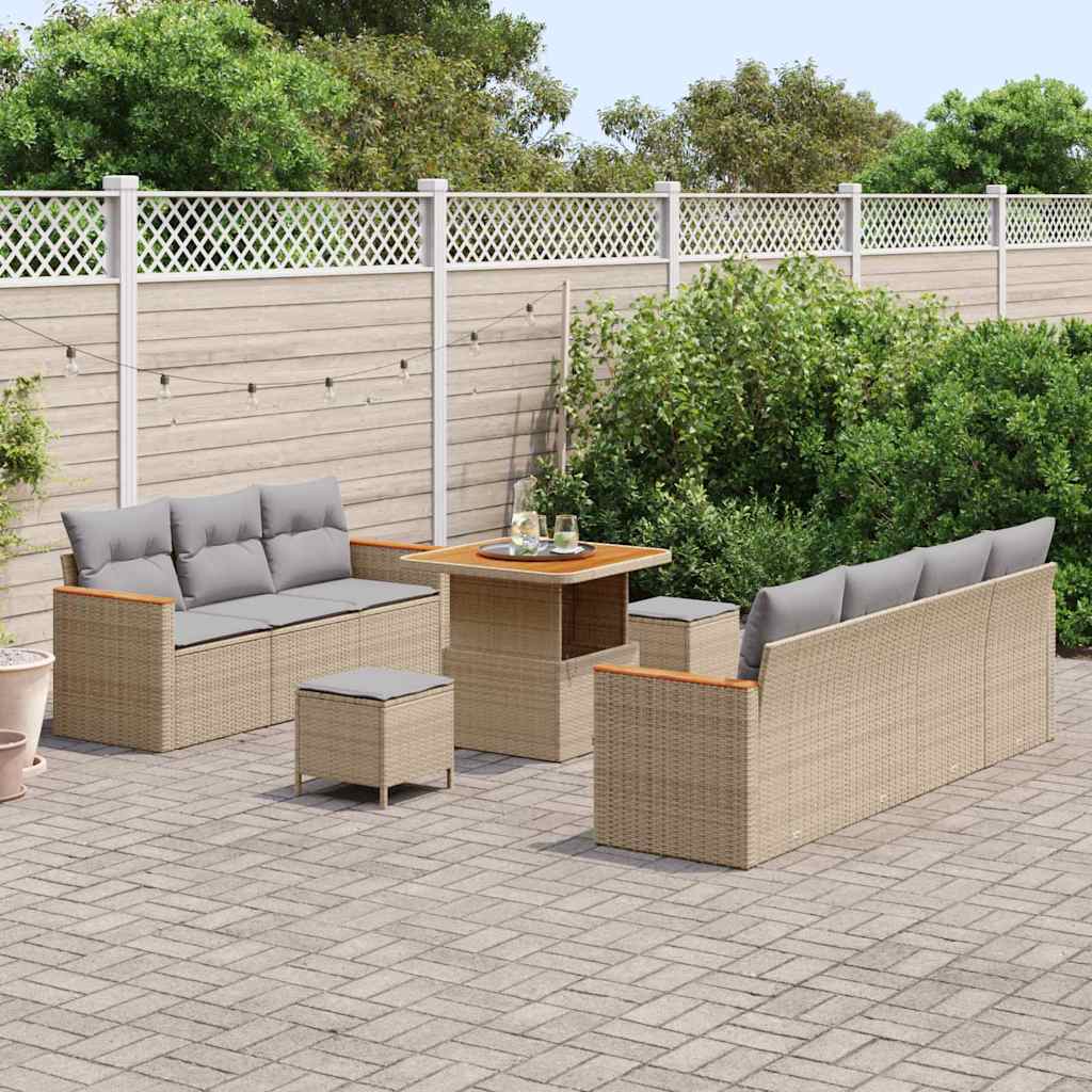 10-teilige Garten Sofagarnitur mit Kissen Beige Poly Rattan Akazie
