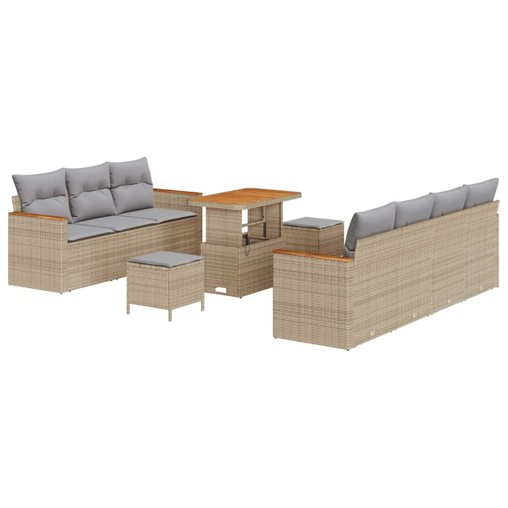 10-teilige Garten Sofaset mit Kissen Beige Poly Rattan Akazie