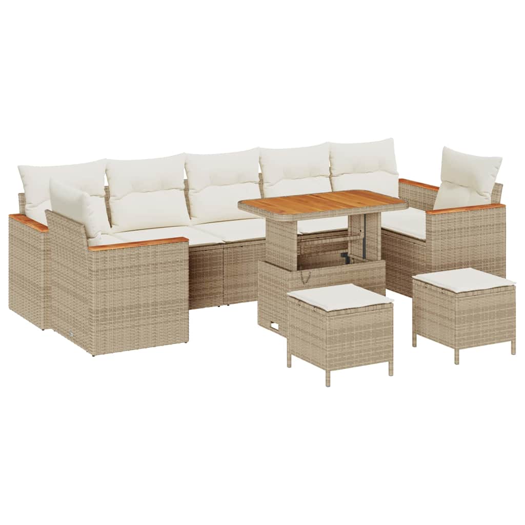 10-teiliges Garten Sofa Set mit Kissen Beige Poly Rattan Akazie