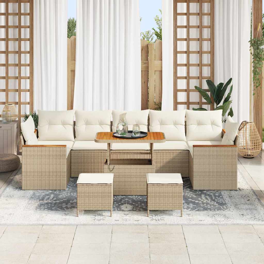 10-teiliges Garten Sofa Set mit Kissen Beige Poly Rattan Akazie