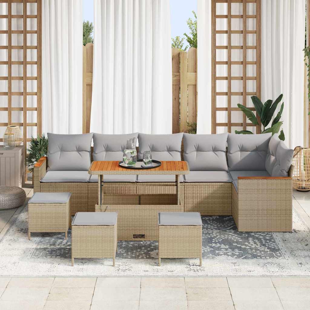 10-teilige Garten Sofagarnitur mit Kissen in Beige aus Poly Rattan Akazie