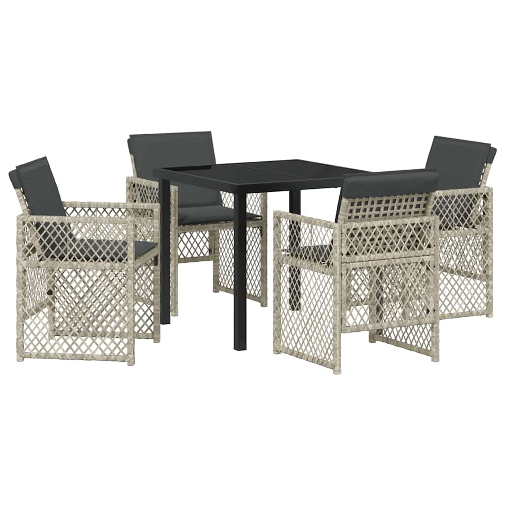 5-teiliges Gartentisch-Set mit Kissen in Hellgrau aus Poly Rattan.