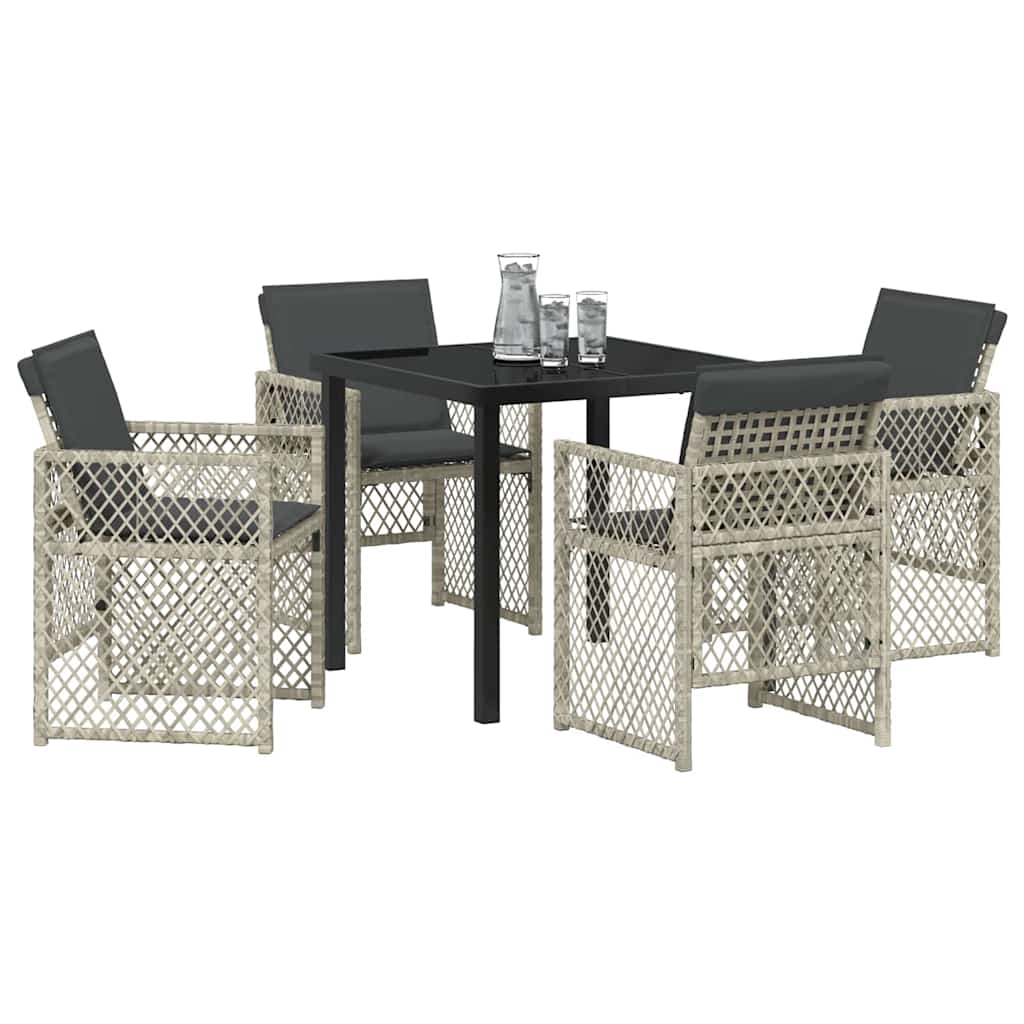 5-teiliges Gartentisch-Set mit Kissen in Hellgrau aus Poly Rattan.