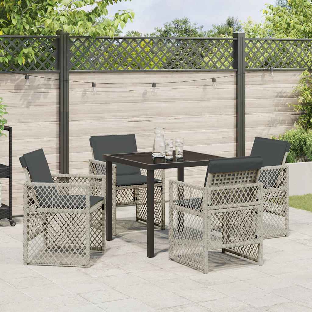 5-teiliges Gartentisch-Set mit Kissen in Hellgrau aus Poly Rattan.