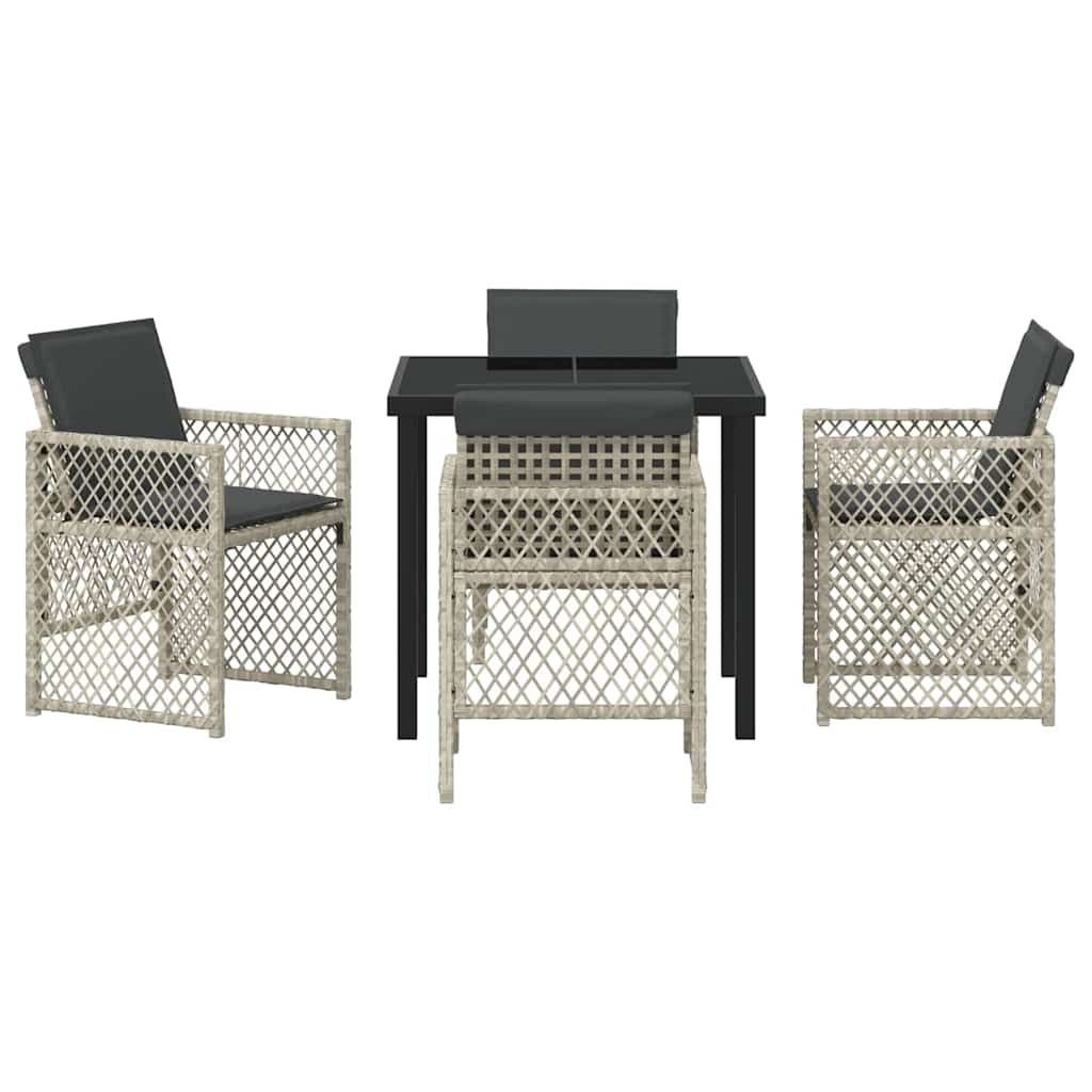5-teiliges Gartentisch-Set mit Kissen in Hellgrau aus Poly Rattan.