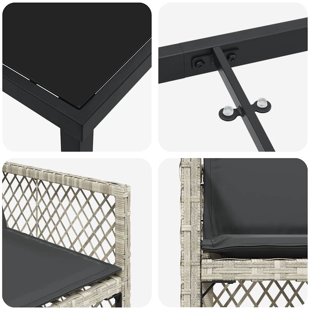 5-teiliges Gartentisch-Set mit Kissen in Hellgrau aus Poly Rattan.