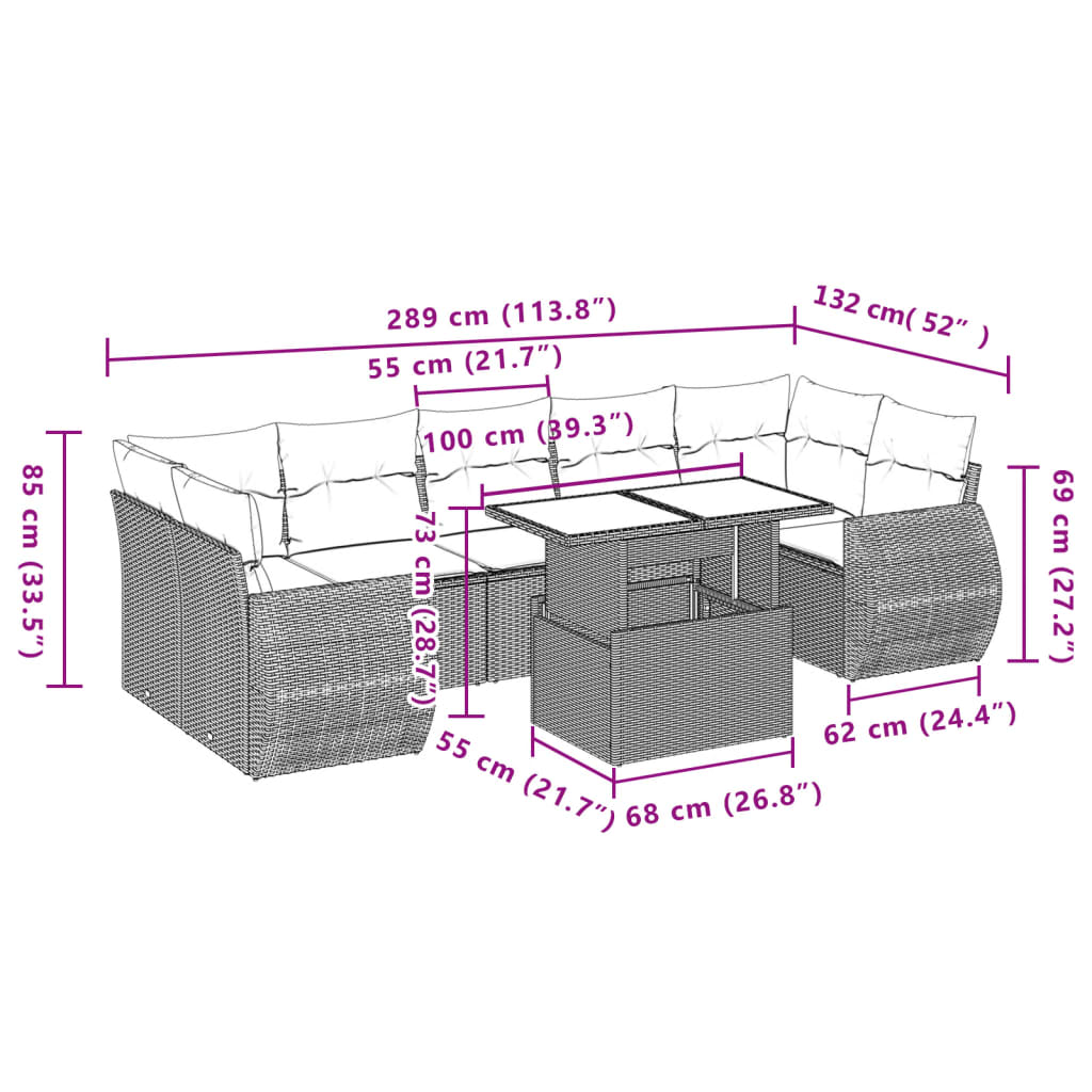 8-tlg. Garten-Sofagarnitur mit Kissen Hellgrau Poly Rattan