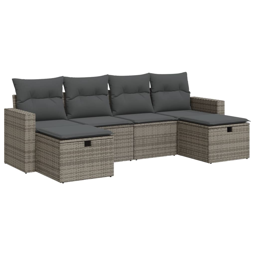 6-tlg. Garten-Sofagarnitur mit Kissen Grau Poly Rattan