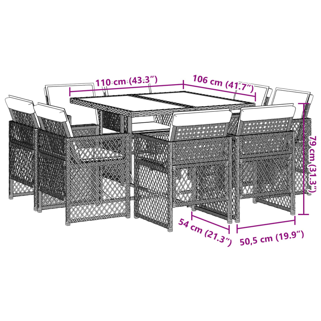 9-tlg. Garten-Essgruppe mit Kissen Schwarz Poly Rattan