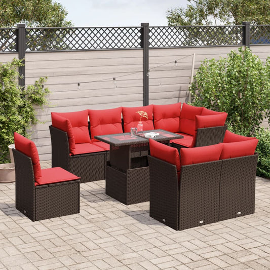 9-teiliges Gartensofa-Set mit Kissen, braun, Polyrattan