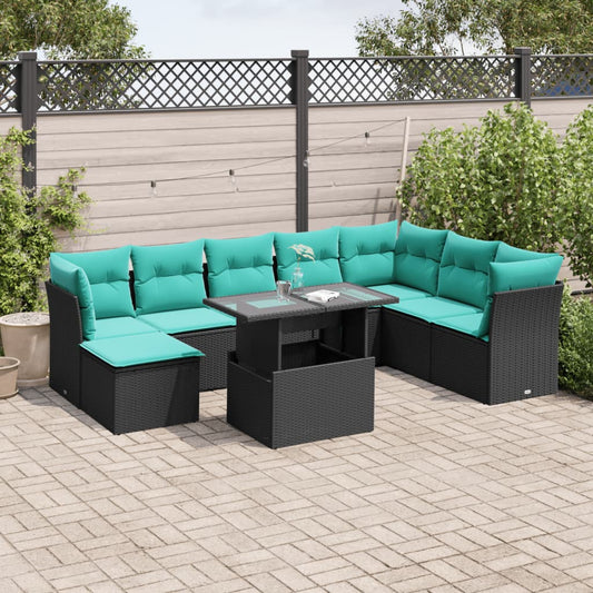 9-teiliges Gartensofa-Set mit Kissen, schwarzes Polyrattan