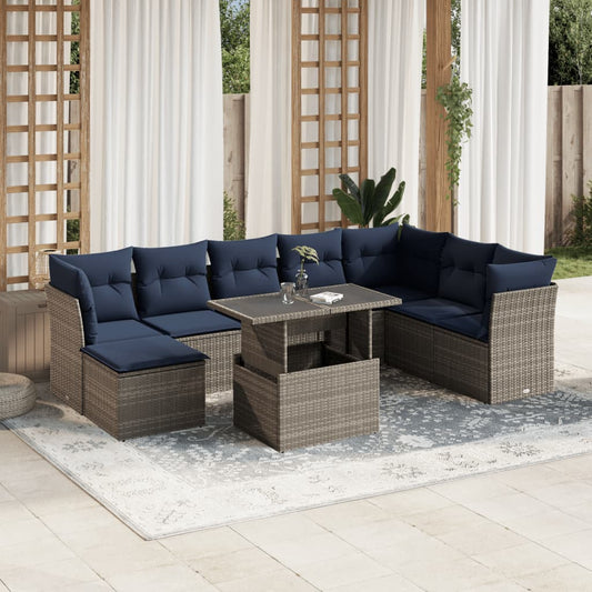 9-teiliges Gartensofa-Set mit Kissen, grau, Polyrattan