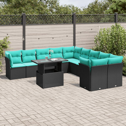 11-teiliges Gartensofa-Set mit Kissen, schwarzes Polyrattan