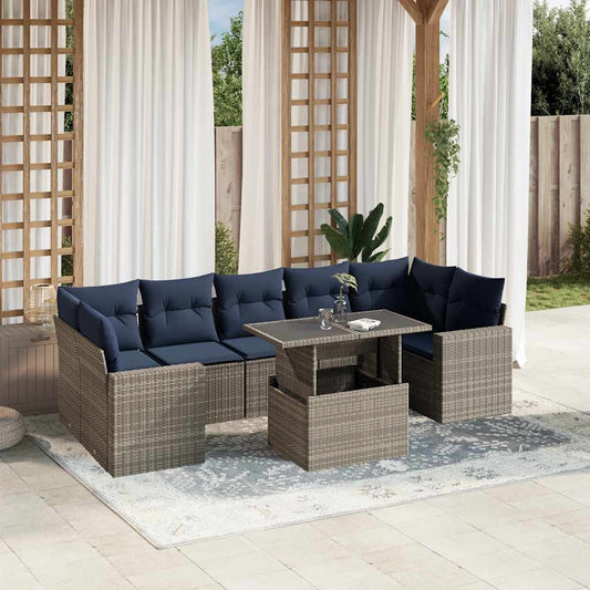 8-teiliges Gartensofa-Set mit Kissen, grau, Polyrattan