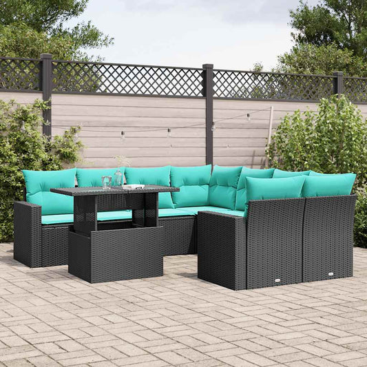 9-teiliges Gartensofa-Set mit Kissen, schwarzes Polyrattan