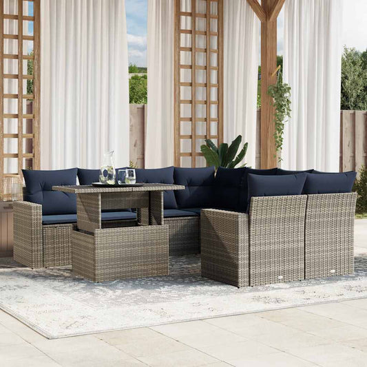 9-teiliges Gartensofa-Set mit Kissen, grau, Polyrattan