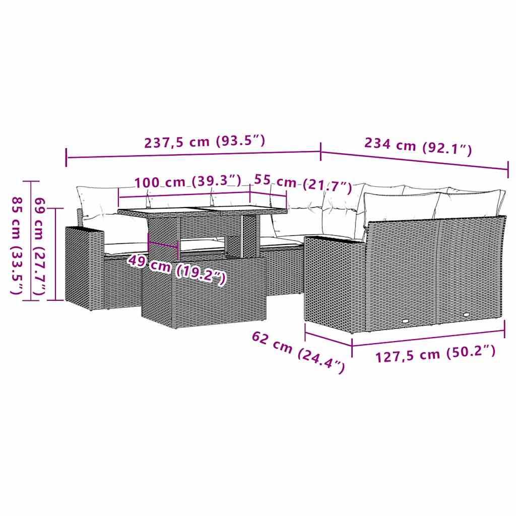 9-teiliges Gartensofa-Set mit Kissen, braun, Polyrattan