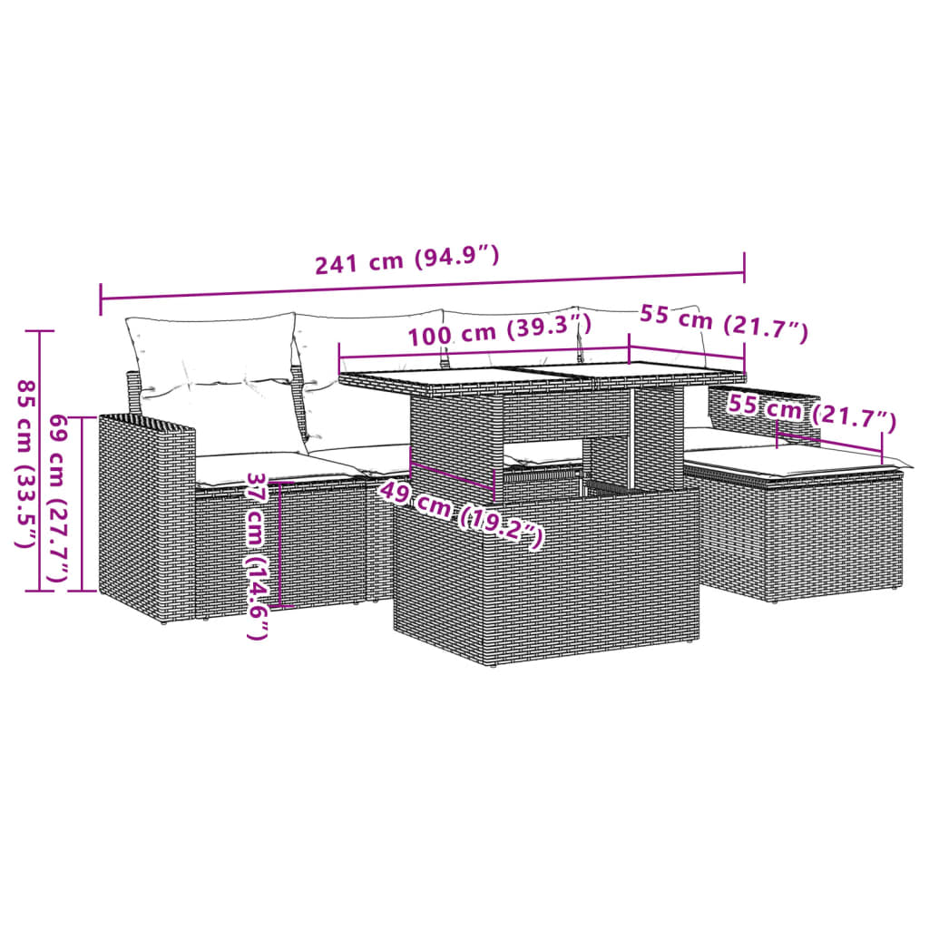 6-teiliges Gartensofa-Set mit Kissen, schwarzes Polyrattan
