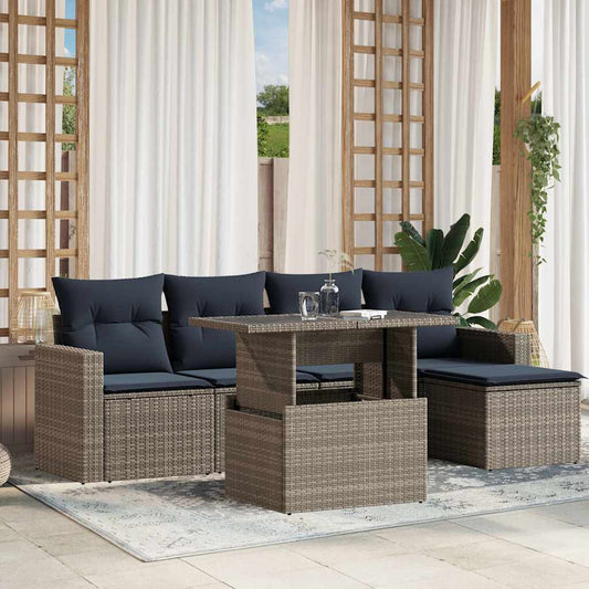 6-teiliges Gartensofa-Set mit Kissen, grau, Polyrattan