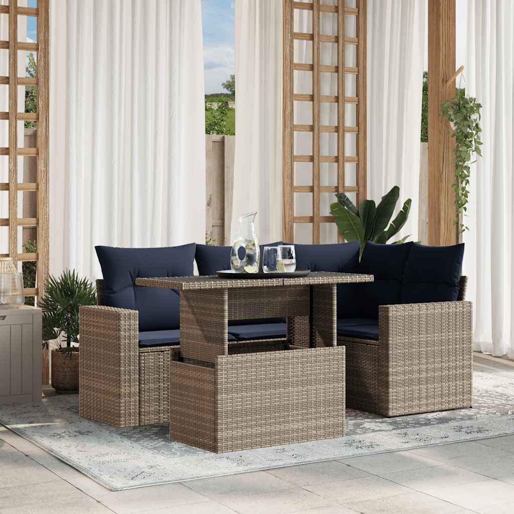5-teiliges Gartensofa-Set mit Kissen, grau, Polyrattan