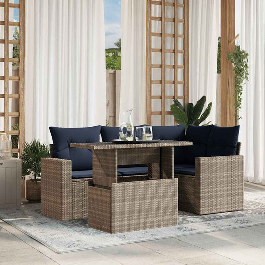 5-teiliges Gartensofa-Set mit Kissen, grau, Polyrattan