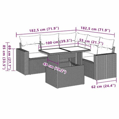 6-teiliges Gartensofa-Set mit Kissen, schwarzes Polyrattan