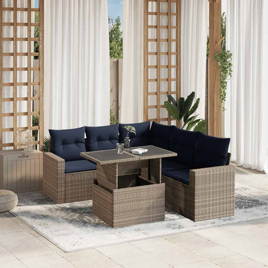 6-teiliges Gartensofa-Set mit Kissen, grau, Polyrattan
