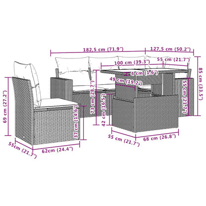 6-teiliges Gartensofa-Set mit Kissen, schwarzes Polyrattan